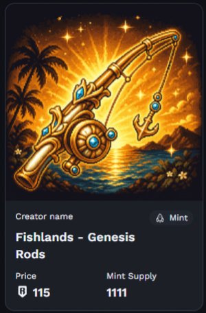A digital NFT collectible card titled 'Fishlands - Genesis Rods' depicting an ornate golden fishing rod with blue gems against a sunset seascape, priced at 115 with a mint supply of 1111.