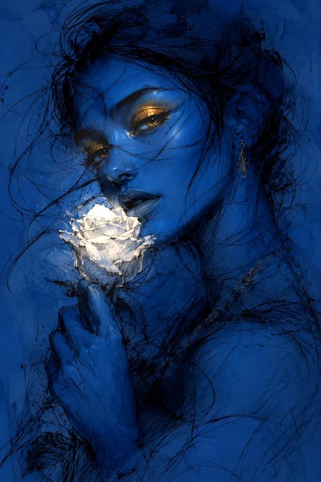 A stylized blue-toned digital artwork of a woman with golden eyes and dark lips holding a white rose near her face.