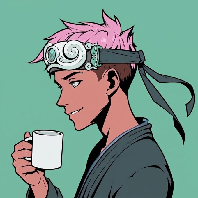 A side-profile anime illustration shows a young man with pink spiky hair wearing a traditional white forehead protector with a blue gem, holding a white mug while smiling. The image evokes a relaxed "good morning" vibe that fits perfectly with the post's casual "gm everyone" greeting to the community.