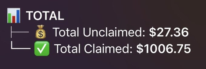 A digital display showing 'TOTAL' with 'Total Unclaimed: $27.36' and 'Total Claimed: $1006.75' against a dark background.