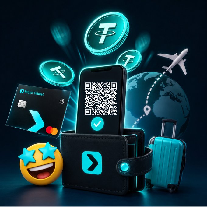 A promotional graphic for Bitget Wallet featuring a smartphone displaying a QR code, a credit card, floating Tether (USDT) coins, a teal suitcase, a smiling star-face emoji, an airplane, and a globe.