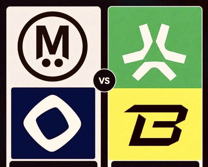 A versus comparison graphic showing four esports/gaming logos arranged in a 2x2 grid with a 'VS' circle in the middle, featuring the M logo, a green stylized icon, a blue diamond shape, and a 'B3' logo on yellow.