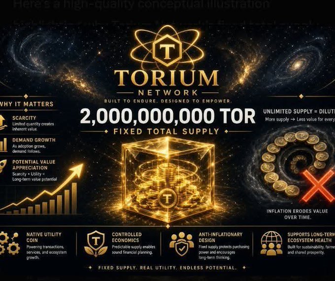 A promotional graphic for 'TORIUM NETWORK' cryptocurrency with text reading '2,000,000,000 TOR FIXED TOTAL SUPPLY', featuring gold coins in a glowing cube and various feature descriptions.