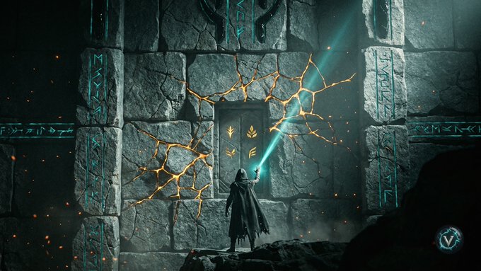 A dark fantasy digital artwork showing a hooded figure with a glowing teal staff standing before a cracked stone wall with glowing runes and an ornate door.