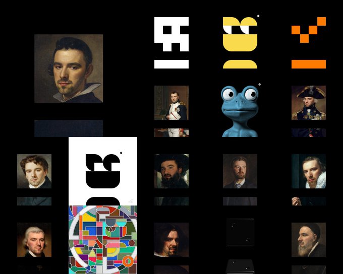 A collage featuring classical portraits of historical figures, the 'UR' logo, pixel art, a frog character, and a Mondrian-style design.