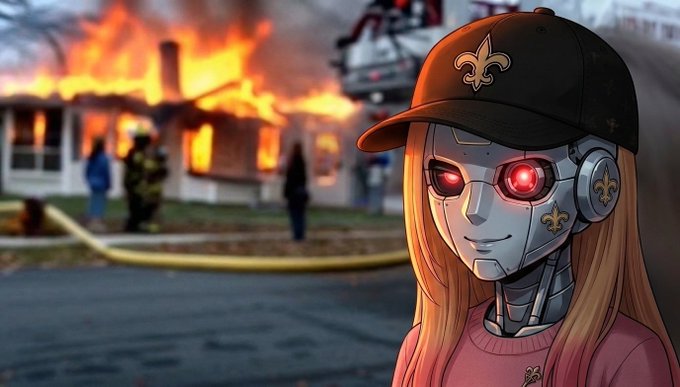An illustration shows a blonde female robot with glowing red eyes wearing a Saints cap and pink sweater, set against a background of a house engulfed in flames with firefighters present.