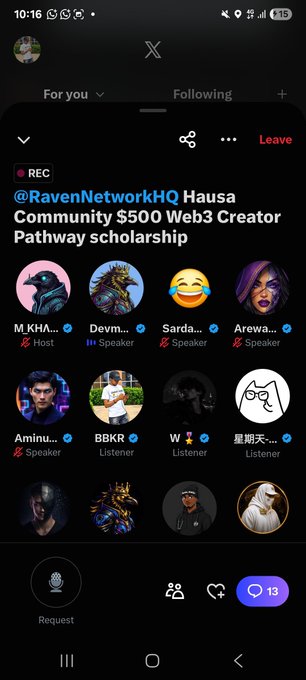 A Twitter Spaces interface showing a recording by @RavenNetworkHQ titled 'Hausa Community $500 Web3 Creator Pathway scholarship' with various speakers and listeners participating in the audio chat.