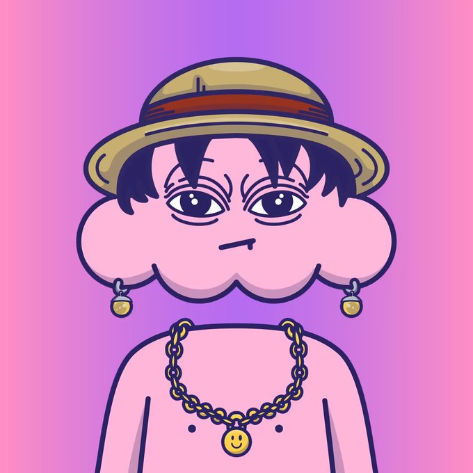 A stylized 2D illustration of a character with a wide, cloud-like pink face, wearing a straw hat, earrings, and a gold chain with a smiley face pendant.
