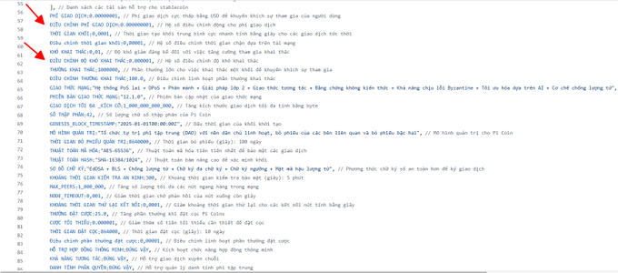 The image displays a Vietnamese-language cryptocurrency source code listing, likely related to the Pi Network project, with red arrows pointing to specific lines containing directives like "GIAO DICH(B,00000001)" and "DAU TU(0,B,000001)" that appear to define transaction rules and investment parameters for Pi coin. This relates to the accompanying post by illustrating the technical protocol specifications that could underpin Pi's transition to Mainnet, including the selection of SuperNodes and the migration of 420,000 nodes.