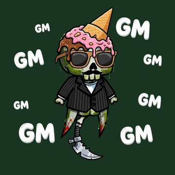 A cartoon illustration of a zombie-like character wearing sunglasses, a pinstripe suit, and an ice cream cone on its head, surrounded by the text 'GM' on a green background.