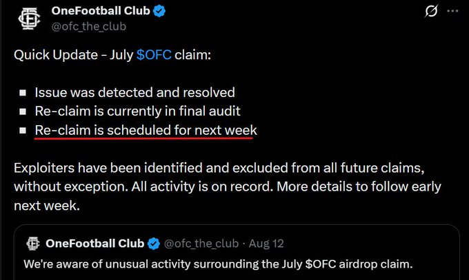 A screenshot of a tweet from the verified OneFootball Club account (@ofc_the_club) providing a quick update on the July $OFC airdrop claim, stating the issue was detected and resolved, the re-claim is in final audit and scheduled for next week, and that exploiters have been identified and excluded from all future claims.