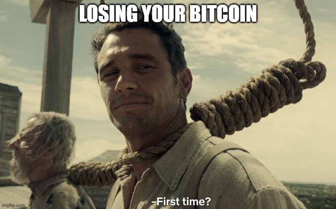A meme showing a man from The Legend of Bagger Vance with a noose around his neck and a resigned expression, with the text 'LOSING YOUR BITCOIN' at the top and '-First time?' at the bottom.