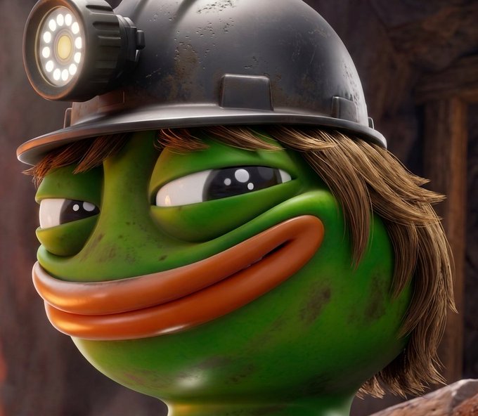 A 3D-rendered Pepe the Frog character wearing a mining helmet with a headlamp, featuring long brown hair and a smirking expression against a wooden background.