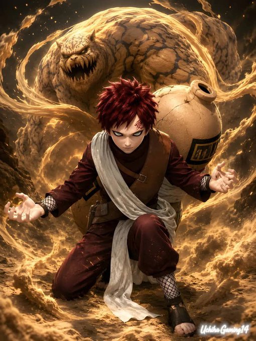An anime-style illustration depicts a red-haired ninja character with a white sash and a large ceramic gourd on his back, crouched in a desert setting while a giant sand monster looms behind him, with the text 'Uchiha Gaming 14' in the corner.