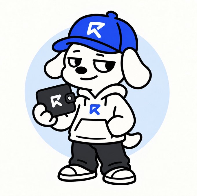 An illustration of a cartoon white dog wearing a blue baseball cap and a white hoodie, both featuring a stylized "R" logo, while holding a phone with the same logo.