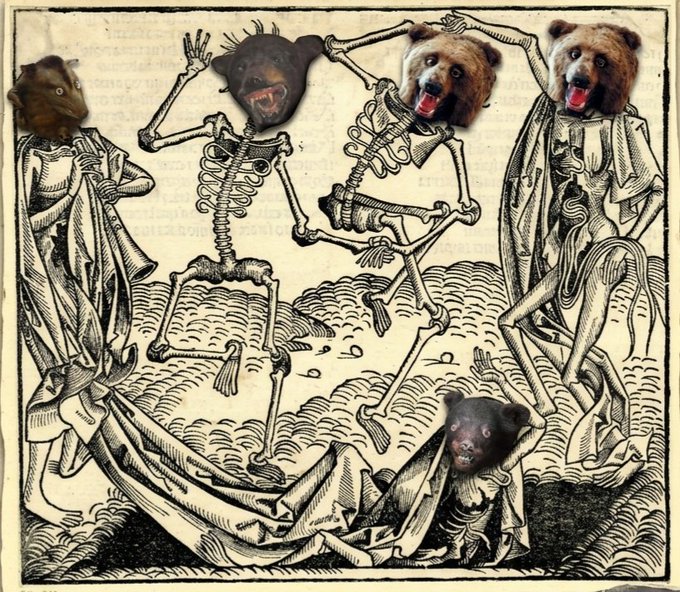 A humorous collage image combining a vintage woodcut illustration of skeletons dancing (resembling a medieval Danse Macabre) with photographic bear and animal heads photoshopped onto the skeletal bodies.