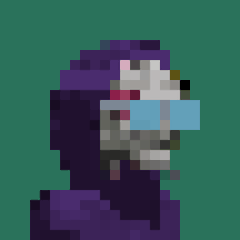 A pixel art rendering of a skeleton wearing a purple hooded robe against a green background.