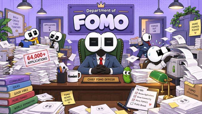 A cartoon illustration of a 'Department of FOMO' office with a character as 'Chief Fomo Officer' surrounded by piles of papers and applications, showing '64,000+ APPLICATIONS'.