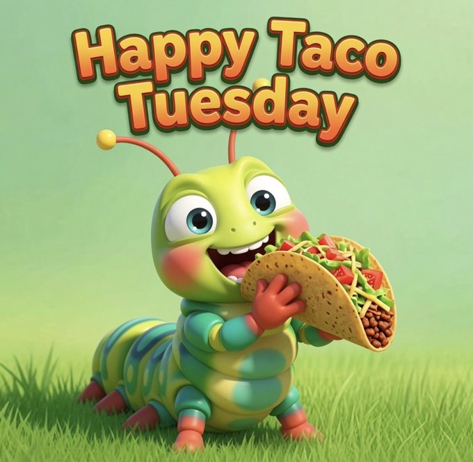 A cartoon illustration of a green caterpillar-like creature happily eating a taco, with the text 'Happy Taco Tuesday' displayed above on a green background.