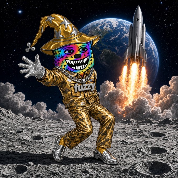 A digital artwork featuring a character with a rainbow tie-dye bear mask, gold wizard hat, and 'fuzzy' branded outfit, posed on a lunar surface with a rocket launching and Earth in the background.