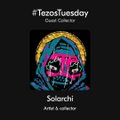 A #TezosTuesday post dated August 19 features a 'Solarchi' NFT artwork with a hooded skeletal figure in pink and blue colors.