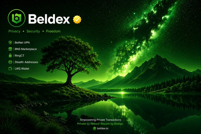 A promotional graphic for 'Beldex' with the tagline 'Privacy • Security • Freedom', featuring a green-toned landscape with a tree, lake, and aurora-lit sky, listing services like BelNet VPN, BNS Marketplace, and RingCT.