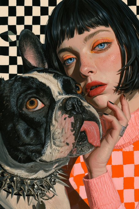 A digital illustration showing a woman with short black hair, orange eyeshadow, and orange lips posing with a black and white French Bulldog wearing a spiked collar, set against a black and white checkerboard background.