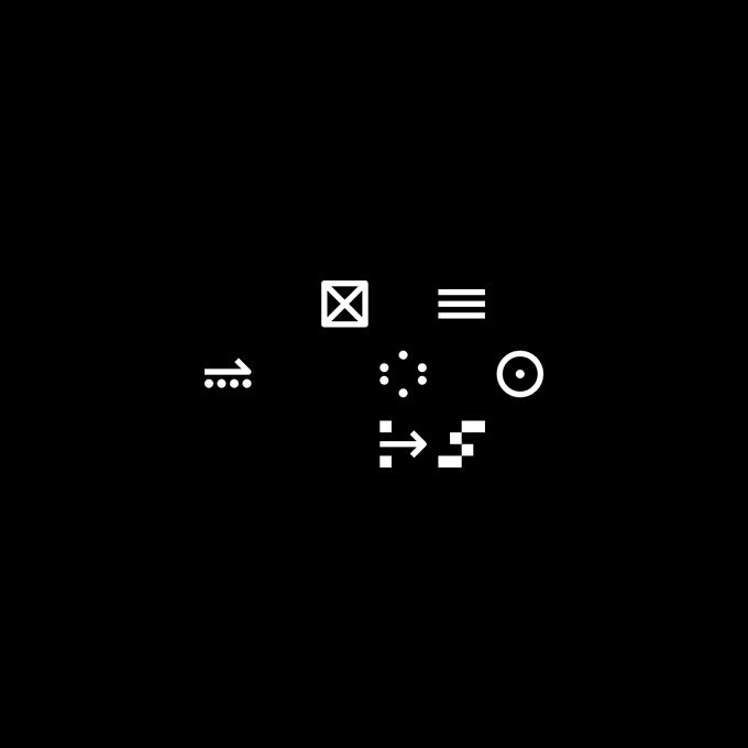 A minimalist black screen displaying a cluster of small white icons in the center, including a box, menu lines, directional arrows, a grid of dots, a circle, and pixelated step patterns.