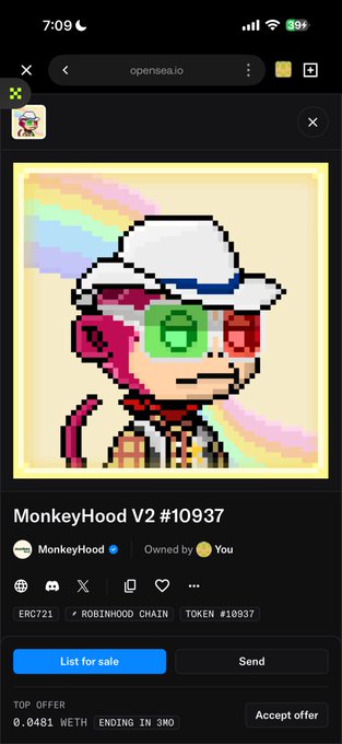 A screenshot of an OpenSea NFT listing for "MonkeyHood V2 #10937," showing a pixel-art monkey with a rainbow background, currently with a top offer of 0.0481 WETH ending in 3 days on Robinhood Chain. The image relates to the post's enthusiasm about the "tier 2" rarity, while highlighting that the floor price has risen to ~0.06 ETH from a free mint.