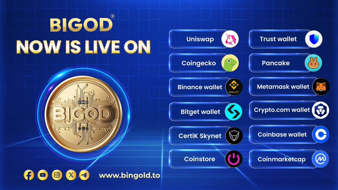 The image features a poster for Bitcoin, which has a gold coin at the center surrounded by various logos representing different cryptocurrency exchanges or wallets. The text on the poster reads "BIGOD" and "Now Is Live On", indicating that the image is promoting Bitcoin as a viable option for users to invest in. The post also mentions the growth of the Web3 ecosystem, which includes multiple cryptocurrency exchanges and wallet services like CoinGecko, CoinMarketCap, CertiK, & Coinstore. This expansion suggests that more people are becoming interested in Bitcoin and its associated services, leading to increased adoption and visibility for the token.
