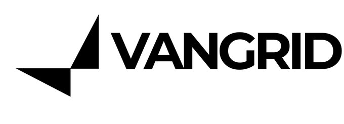 A black and white logo for 'VANGRID' featuring a stylized geometric arrow or triangle icon to the left of the company name.