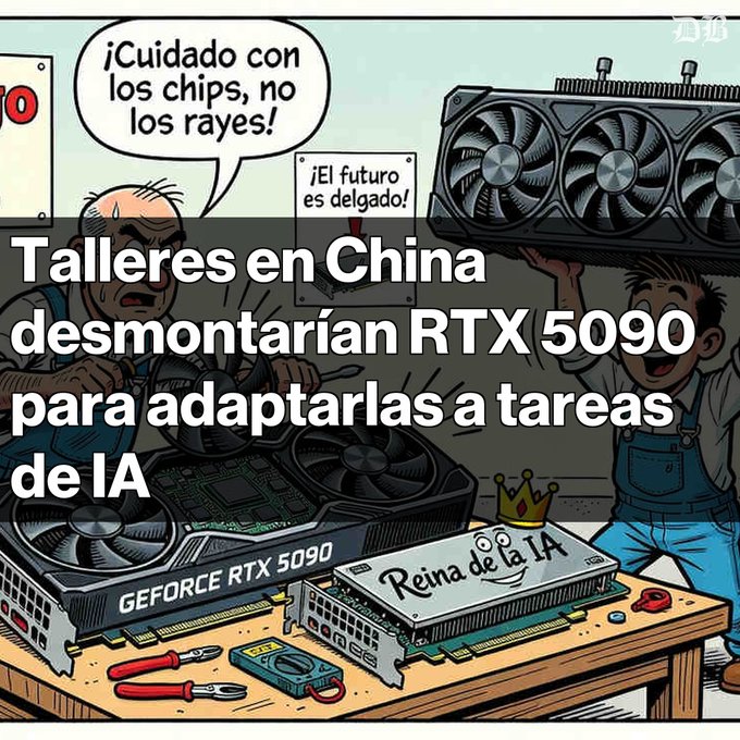 A cartoon about modifying RTX 5090 graphics cards for AI tasks, with Spanish text reading “¡Cuidado con los chips, no los rayes!” and “¡El futuro es delgado!” Large overlay text says “Talleres en China desmontarían RTX 5090 para adaptarlas a tareas de IA.”