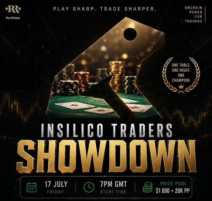 A promotional graphic for the 'Insilico Traders Showdown' poker event on Friday, 17 July at 7PM GMT, featuring a prize pool of $1,000 + 20K PP, powered by PurrPoker.