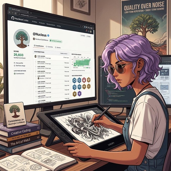 A purple-haired artist with sunglasses uses a Wacom tablet to draw an intricate mandala, while a monitor behind her displays a "NucleusCodes" profile page showing a "Score 26,833" with consistent daily code commits and contribution achievements. A poster reading "QUALITY OVER NOISE • LONG-TERM REPUTATION • SHORT-TERM FARMING" hangs in the background, alongside books titled "Creative Coding," "Tech-Art of Tech-Art," and "The Art of Web3." The image visually reinforces the post's message about prioritizing meaningful, consistent contributions over short-term engagement farming, with the artist's steady commit history and high reputation score embodying the quality-over-quantity ethos.