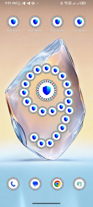 A smartphone home screen featuring a custom iOS theme with diamond-shaped app icons for Trust Wallet and other apps set against a glowing crystal background.