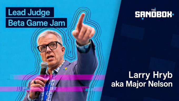 Larry Hryb, better known as Major Nelson, is featured as a Lead Judge for The Sandbox Beta Game Jam, pointing upward while holding a microphone. The promotional graphic aligns with his post announcing his involvement with The Sandbox Game, highlighting his role in evaluating creators' gaming projects.