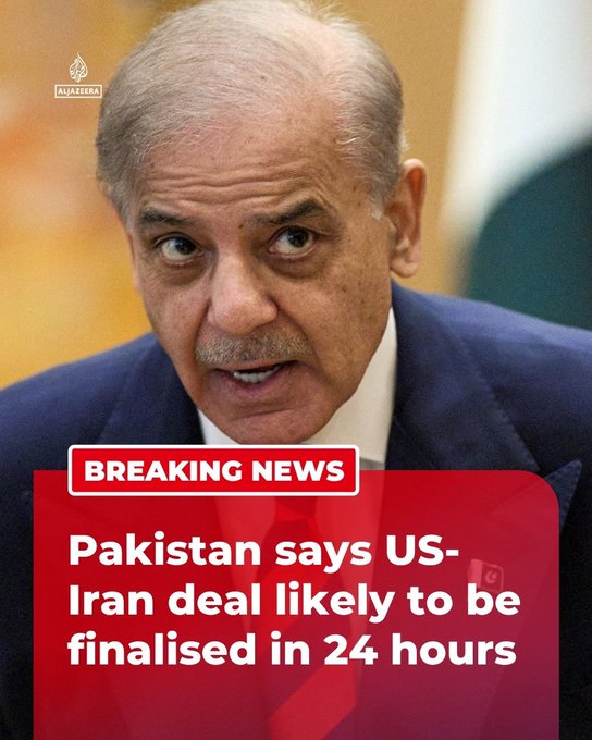 The image shows a man wearing a suit with his face visible against a red background. The text in the image reads "BREAKING NEWS Pakistan says US-Iran deal likely to be finished in 24 hours", indicating that there might have been a recent agreement between the two countries, and Pakistan is now stating their opinion on it.