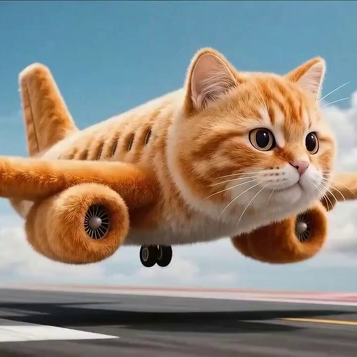 The image features a cat with orange fur, sitting inside an airplane that has propellers instead of jet engines. The cat appears to be looking out the window or gazing at the camera while being strapped into its seat. The background shows a clear blue sky, which contrasts nicely with the orange fur of the cat and the airplane's propeller-driven engine.