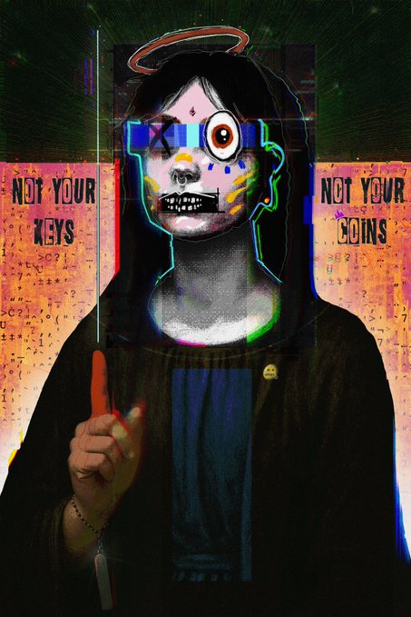 A glitch-art style portrait of a hooded figure with a skull-like face and a halo, holding a key, with text reading 'NOT YOUR KEYS' on the left and 'NOT YOUR COINS' on the right.