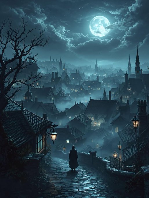 A dark, atmospheric illustration of a moonlit medieval city at night, with a cloaked figure walking down a cobblestone path lined with glowing streetlamps.
