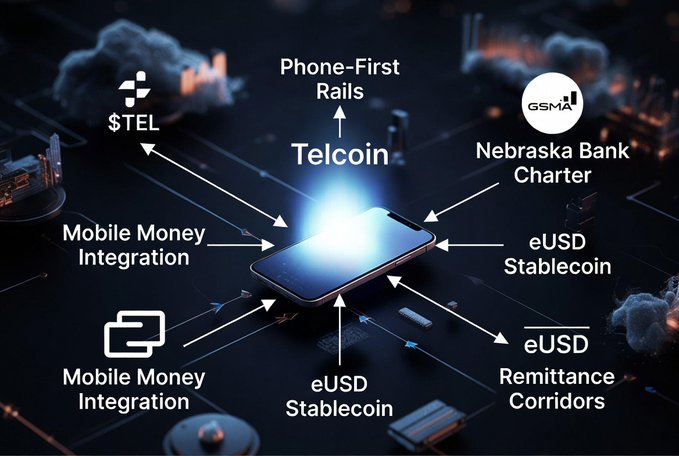 An infographic illustrating Telcoin's ecosystem, showing a smartphone at the center connected to elements like $TEL, Phone-First Rails, Nebraska Bank Charter, eUSD Stablecoin, Remittance Corridors, and Mobile Money Integration.