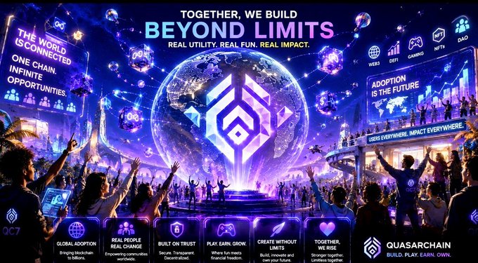 A promotional banner for 'QUASARCHAIN' with the headline 'TOGETHER, WE BUILD BEYOND LIMITS' and subtext 'REAL UTILITY. REAL FUN. REAL IMPACT', showcasing a futuristic scene with crowds, blockchain imagery, and features like 'GLOBAL ADOPTION', 'BUILT ON TRUST', and 'TOGETHER, WE RISE'.