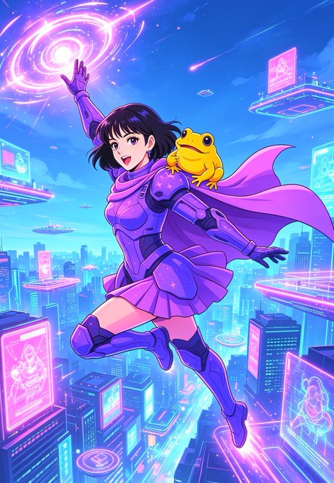 An anime-style illustration of a girl in purple armor with a yellow frog on her shoulder, leaping above a neon-lit futuristic cityscape while reaching toward a swirling portal.