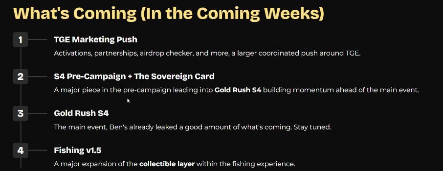 A dark slide titled 'What's Coming (In the Coming Weeks)' listing four upcoming items: TGE Marketing Push, S4 Pre-Campaign + The Sovereign Card, Gold Rush S4, and Fishing v1.5.