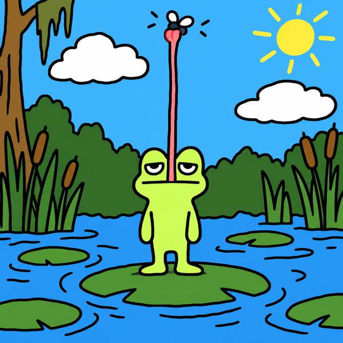Cartoon illustration of a green frog with an annoyingly long tongue catching a fly, standing on a lily pad in a swamp with a sunlit sky.