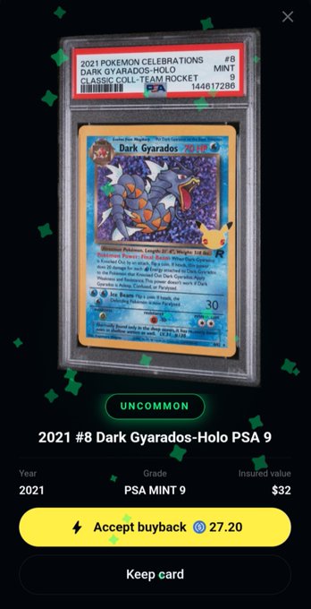 A mobile collectible-card screen showing a graded 2021 Pokémon Celebrations Dark Gyarados-Holo, Classic Collection, Rocket #8 card in PSA Mint 9, labeled “UNCOMMON,” issued value $32, and an accepted buyback of 27.20.