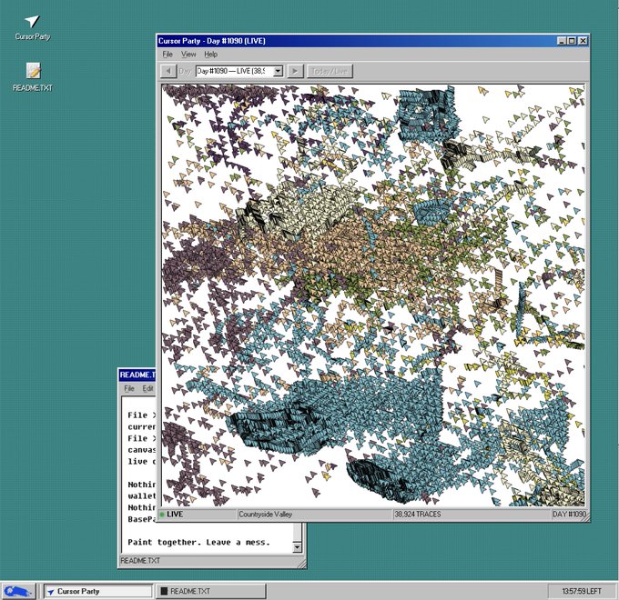 Screenshot of an old Windows desktop showing "Cursor Party - Day #1030 (LIVE)", a collaborative canvas filled with thousands of cursor traces in a chaotic pattern, with "38,924 TRACES" displayed.