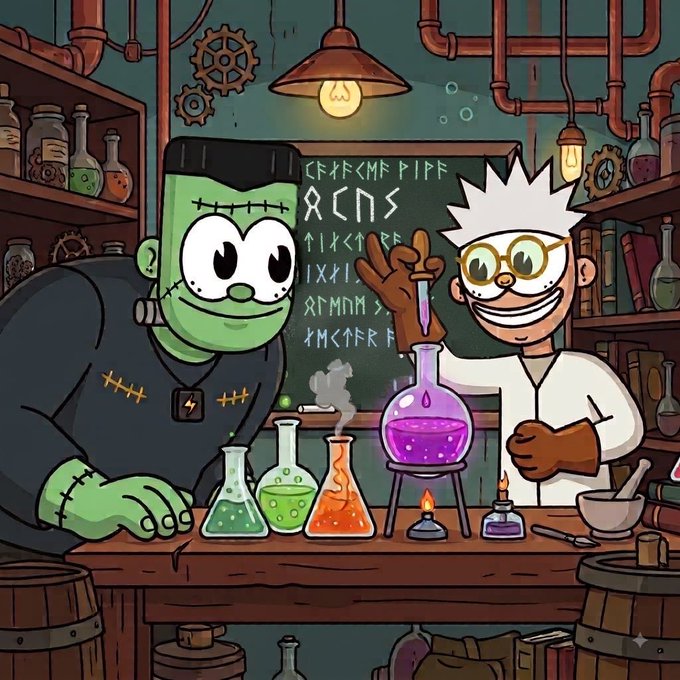 A green Frankenstein-like scientist and a white-haired inventor experiment with colorful potions in a cluttered lab; the chalkboard includes symbols, arrows, and partial text including “PIPE,” “CNS,” and “AMM.” This fits the “Find the hidden word and win your GTD” crypto challenge, with the purple potion and 🟣 symbol reinforcing the giveaway theme.