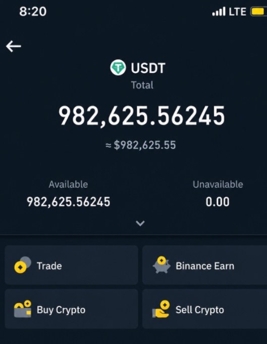 A Binance cryptocurrency wallet screenshot shows a USDT total balance of 982,625.56245 (approximately $982,625.55) with options for Trade, Binance Earn, Buy Crypto, and Sell Crypto.