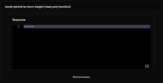 The image displays a function call result showing "bond-period-to-burn-height (read-only function)" with the response value **u966350**, which corresponds to the Genesis Bond starting at Bitcoin block 966,350 referenced in the post about native BTC staking via the Bitcoin staking protocol.